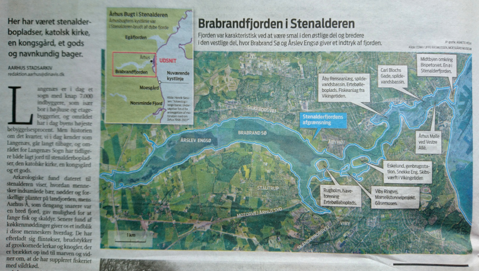 Фьорд Брабранд в каменном веке и месторасположение верфь Эскелунд времен викингов. Иллюстация в газете Орхус Онсдаг 5 июн.2023