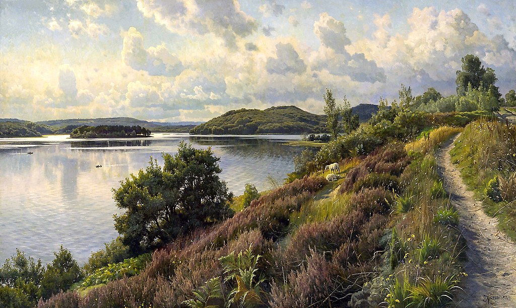  Петер Мёрк Мёнстед (дат. Peder Mørk Mønsted, 1859- 1941) Udsigt over Borresø fra Holten, Svejbæk, mod Karoline Amalies Høj, 1912