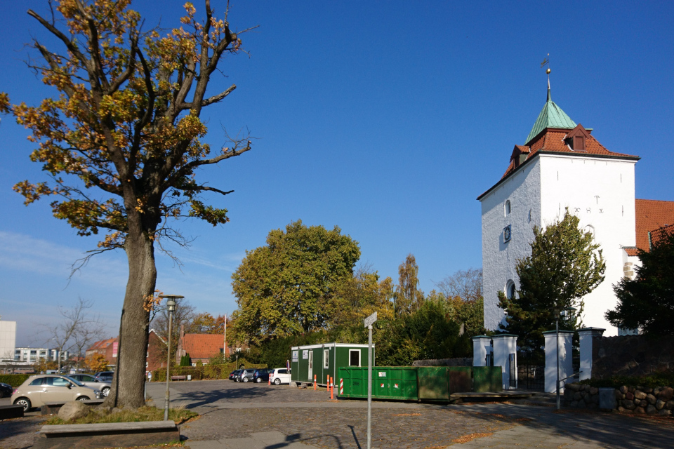 Площадь перед церковью c дубом и памятным камнем. Фото 15 окт. 2018, Вибю, Дания